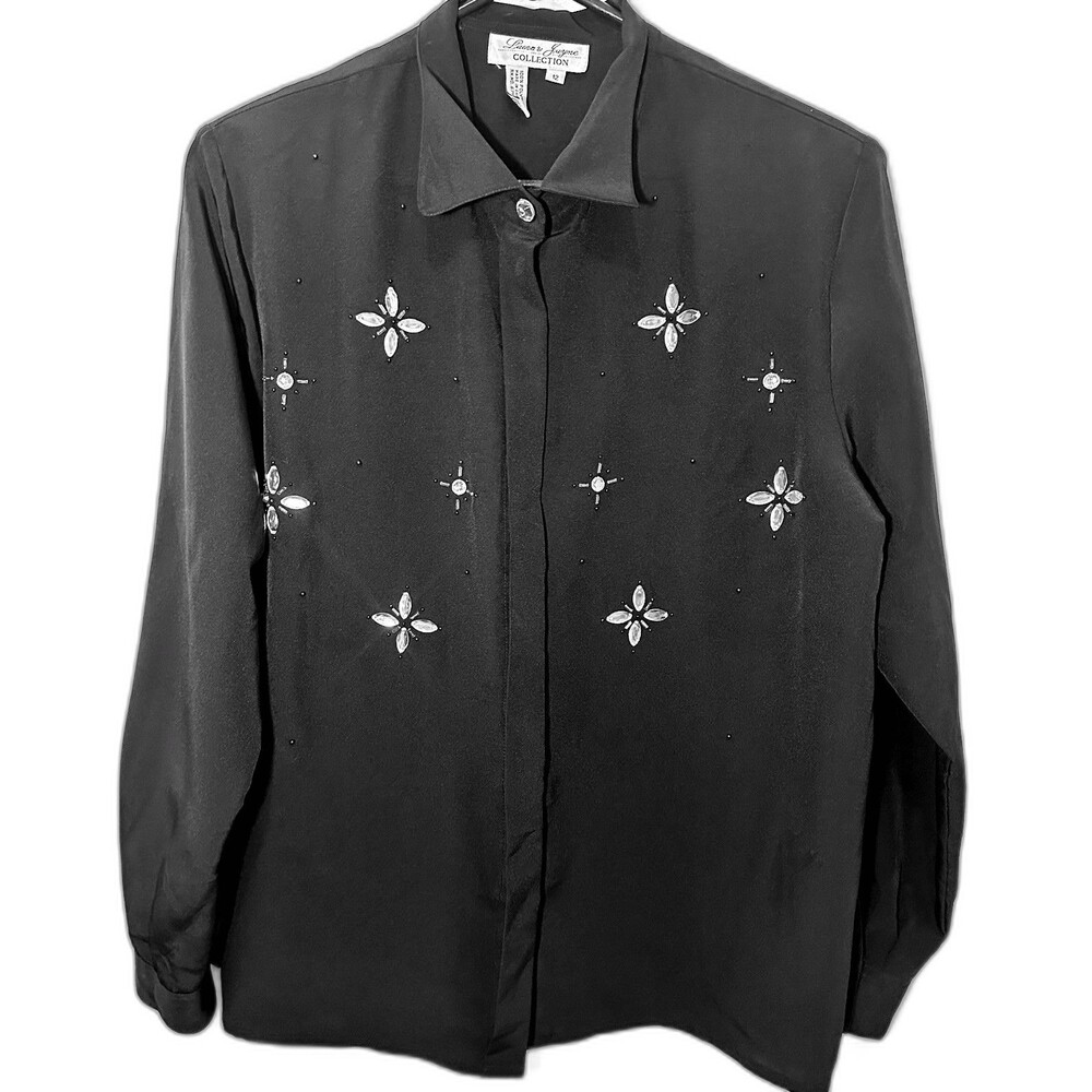 Laura & Jayne Collection Black Beaded Rhinestone Blouse Long Sleeve Size 12
